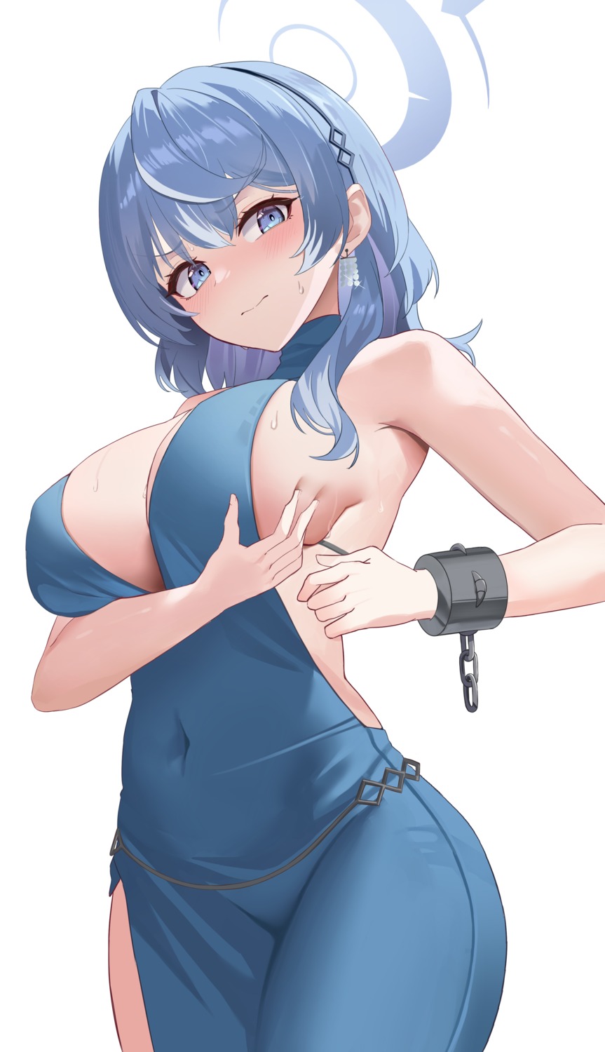 amau_ako blue_archive breast_hold dress halo jbell no_bra