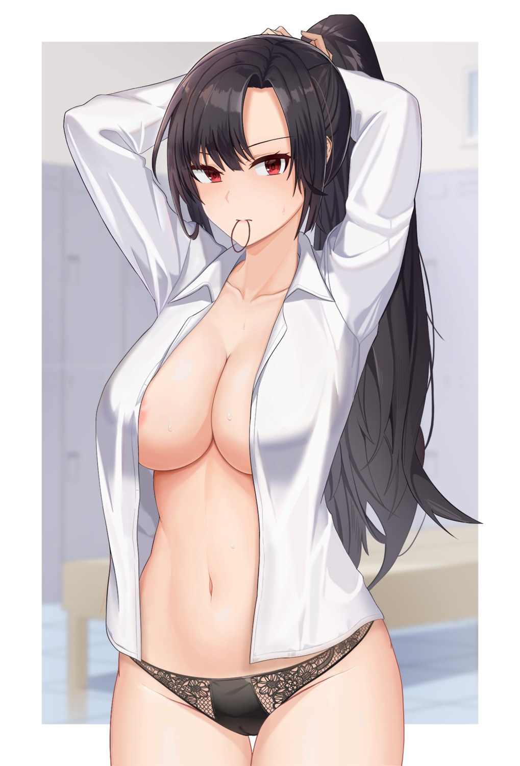 areola asato_mai cameltoe dress_shirt no_bra open_shirt pantsu