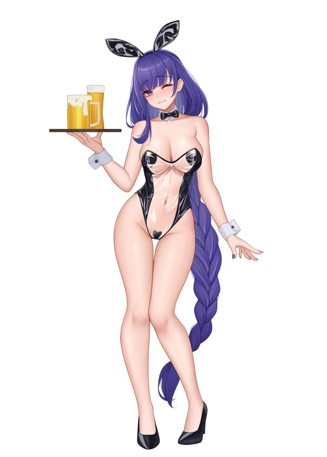 animal_ears bunny_ears bunny_girl genshin_impact heels maebari no_bra pasties raiden_shogun see_through wei_xiao