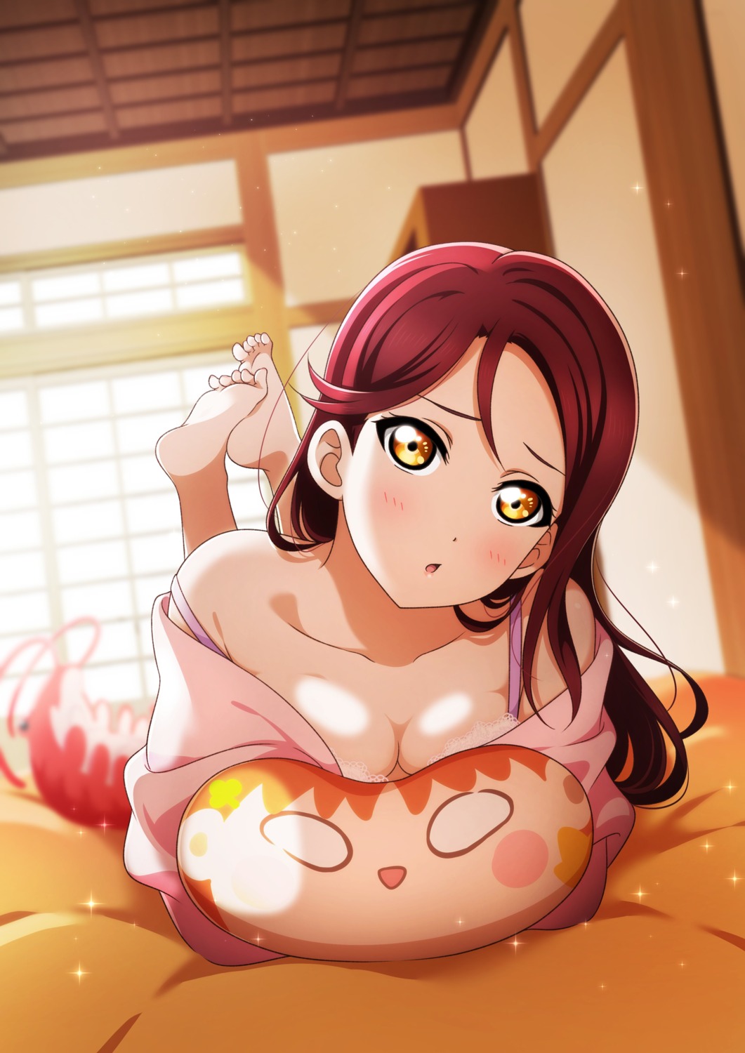 bra breast_hold cleavage feet kougi_hiroshi love_live!_sunshine!! open_shirt pajama sakurauchi_riko