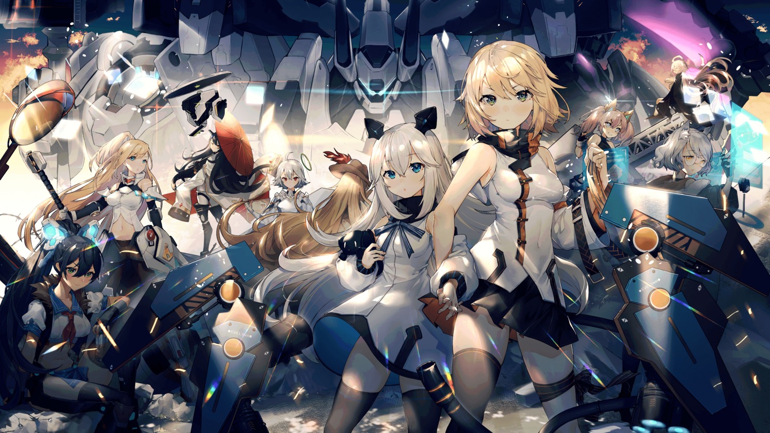 final_gear garter japanese_clothes mecha megane seifuku skirt_lift tagme thighhighs umbrella wallpaper weapon