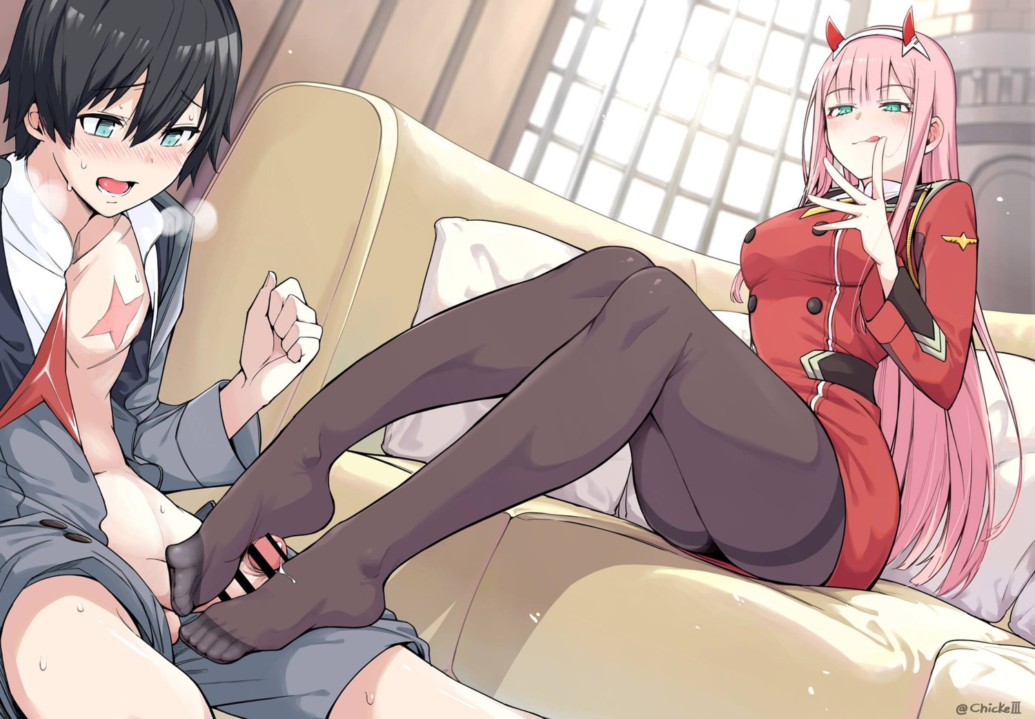 censored chicke_iii cum darling_in_the_franxx feet footjob horns pantyhose penis signed uniform zero_two_(darling_in_the_franxx)