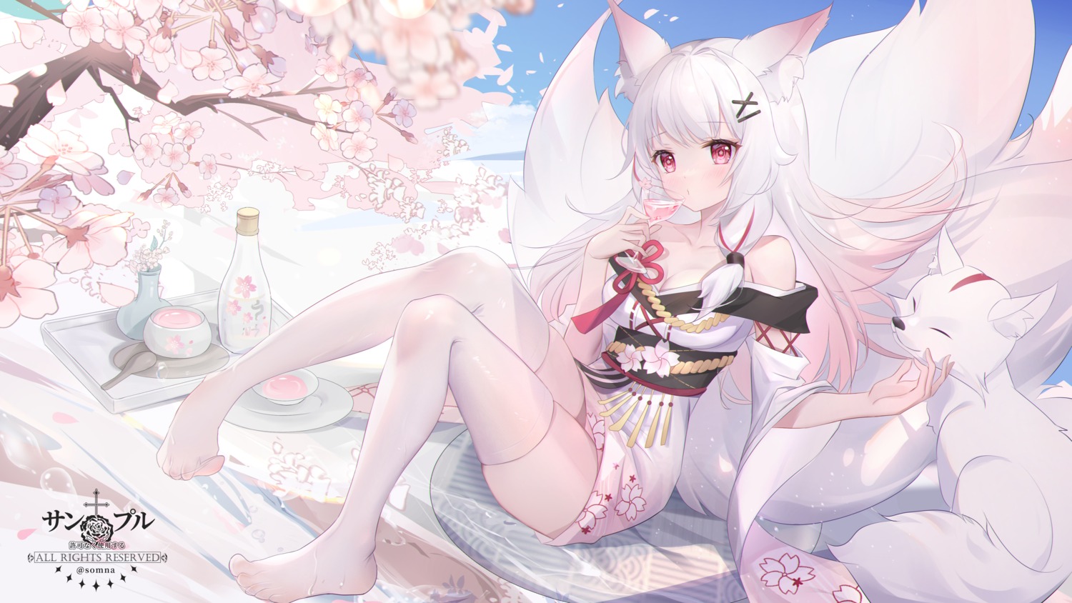 animal_ears cleavage feet japanese_clothes kitsune sample skirt_lift somna tail thighhighs