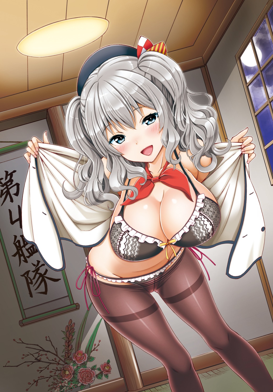 bra cleavage kantai_collection kashima_(kancolle) open_shirt pantsu pantyhose string_panties tsukimi_daifuku undressing uniform