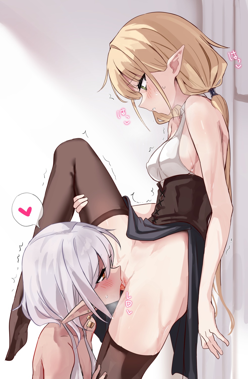 cunnilingus elf loli nopan pointy_ears pussy skirt_lift thighhighs toshizou_(0714) uncensored yuri