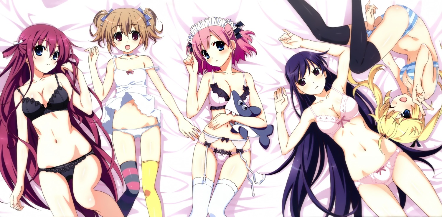 bra cleavage fixed garter_belt grisaia grisaia_no_kajitsu irisu_makina komine_sachi lingerie maid matsushima_michiru pantsu sakaki_yumiko shimapan stockings suou_amane thighhighs watanabe_akio