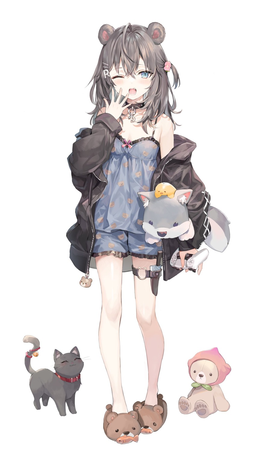 animal_ears garter momoko_(momopoco) neko pajama weapon