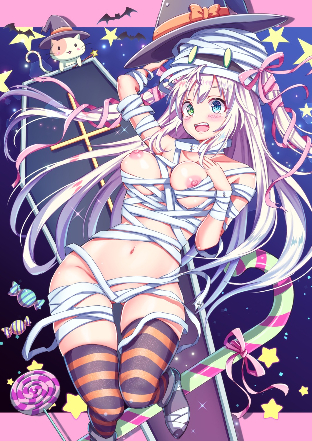 bandages breast_hold halloween naked_ribbon nipples tenzeru thighhighs