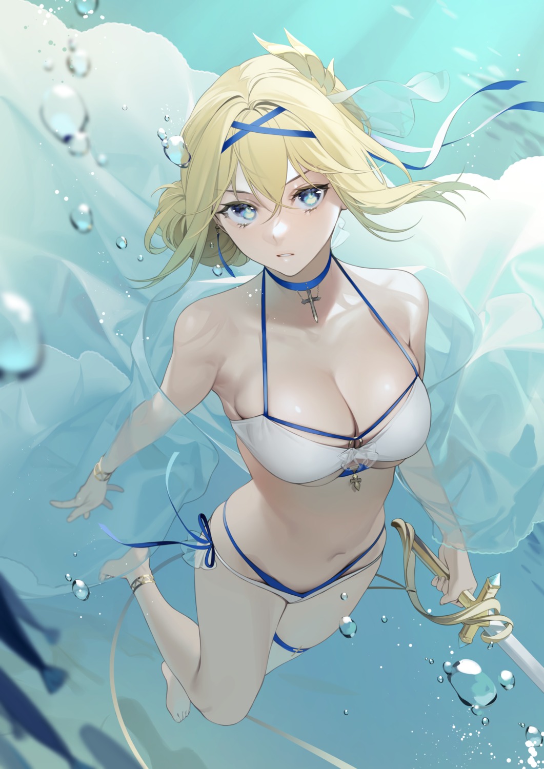 azur_lane bikini cleavage garter jeanne_d'arc_(azur_lane) ohisashiburi open_shirt see_through swimsuits sword