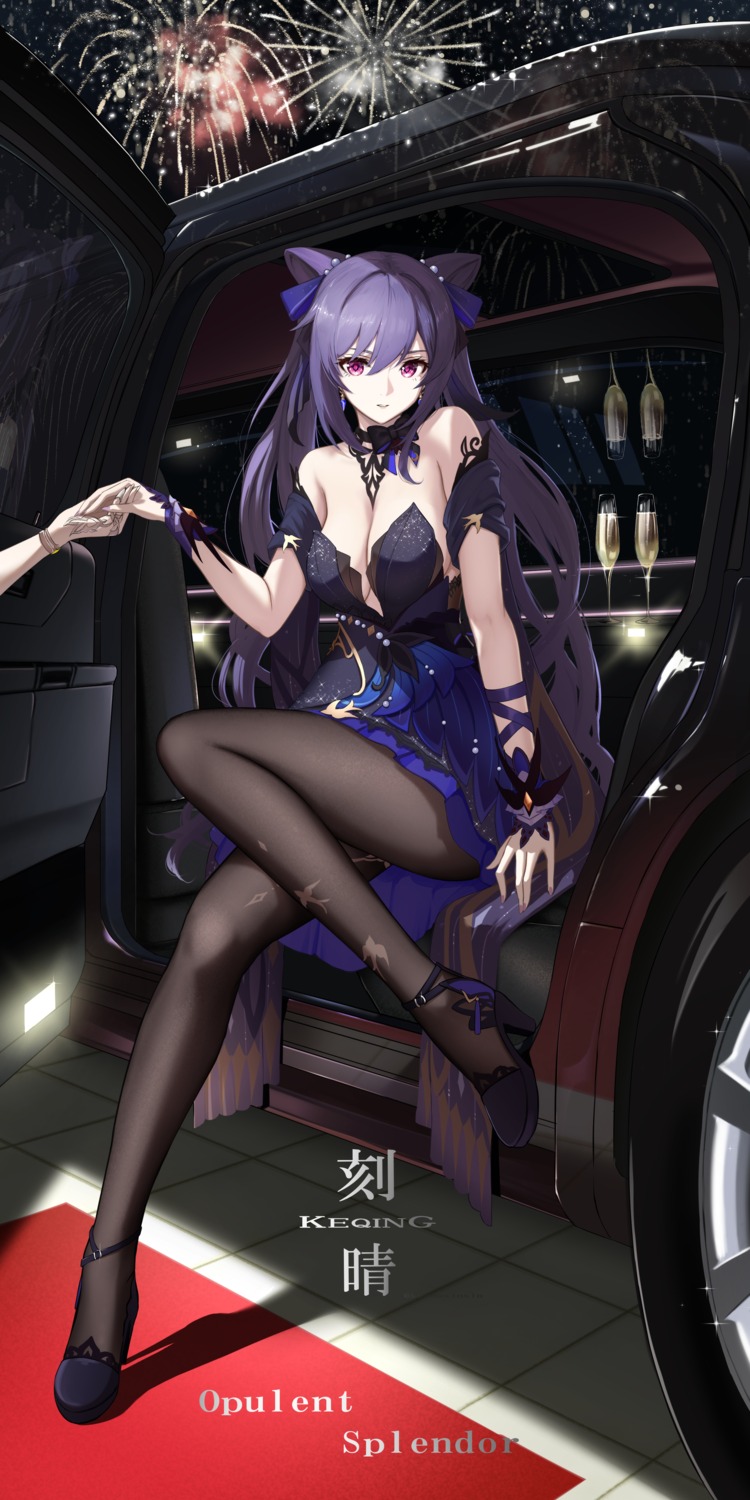 dress genshin_impact heels keqing kokuusinsin no_bra pantyhose skirt_lift