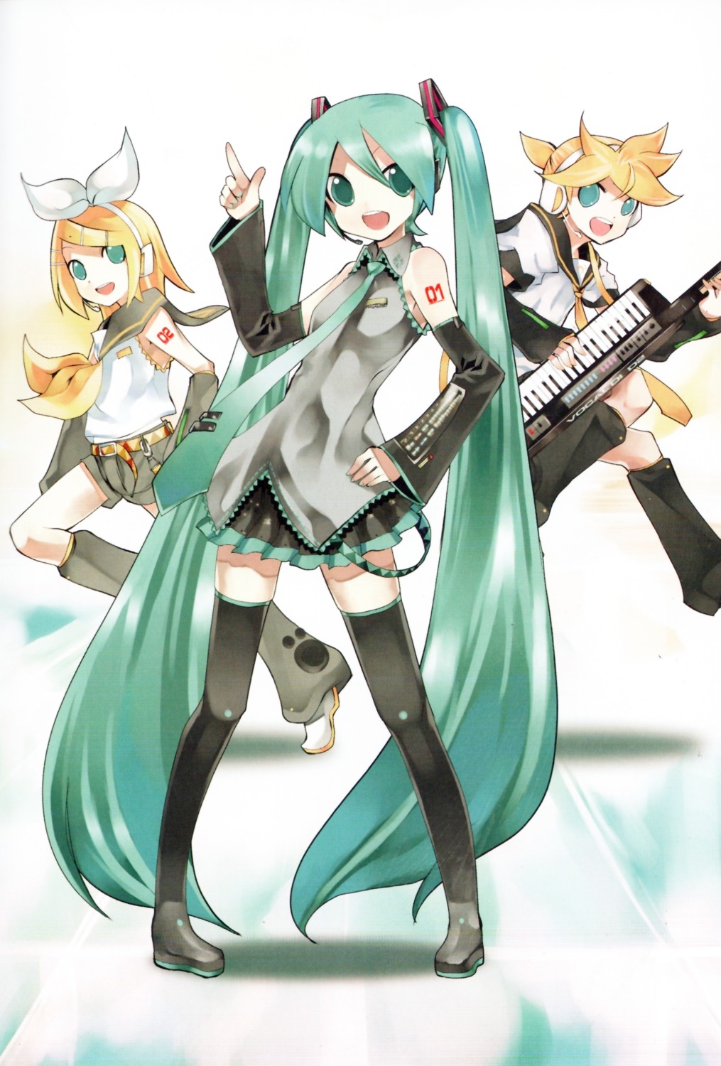 hatsune_miku headphones kagamine_len kagamine_rin kei seifuku tattoo thighhighs vocaloid