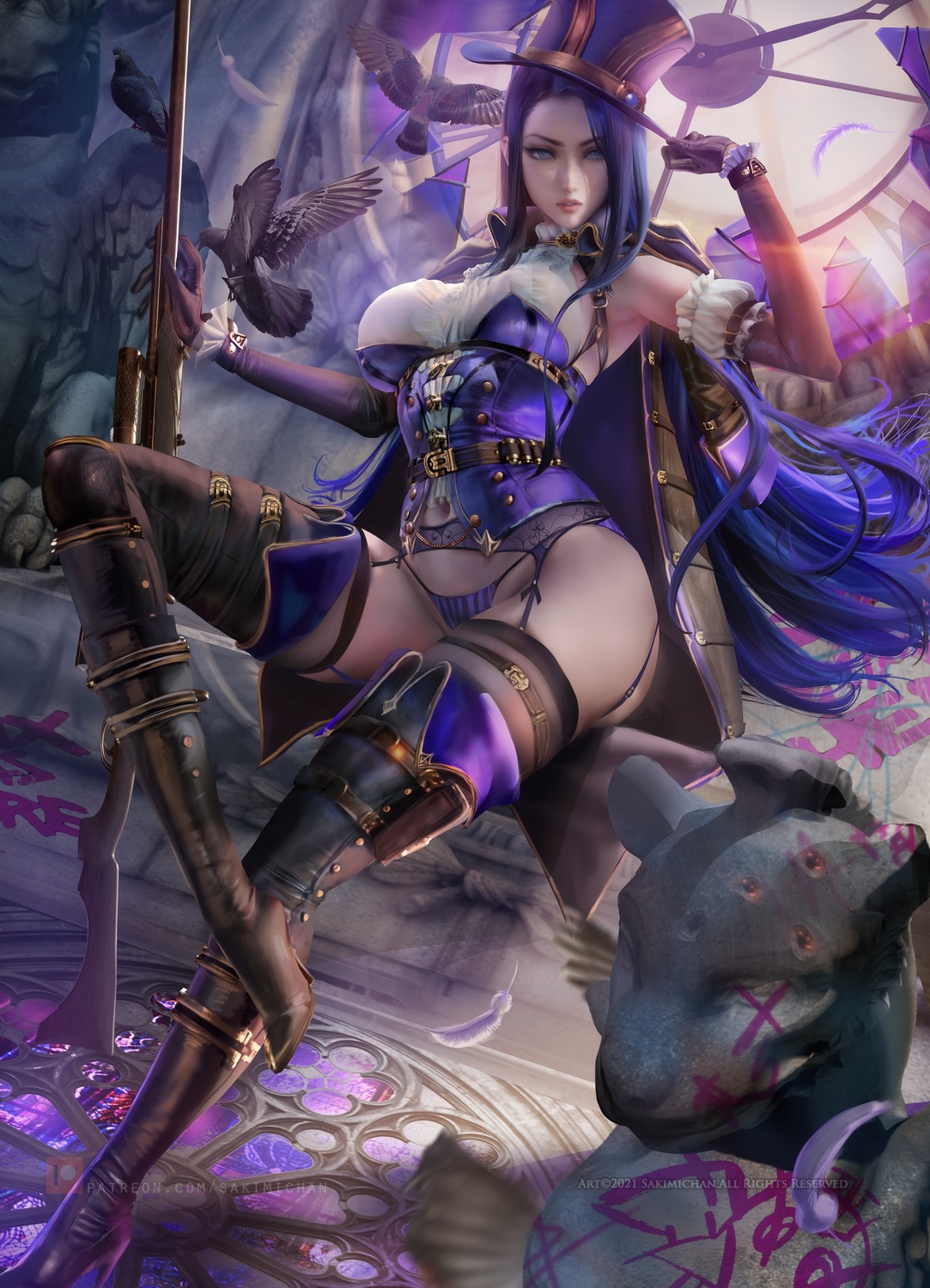 caitlyn garter garter_belt gun heels league_of_legends pantsu sakimichan shimapan stockings thighhighs