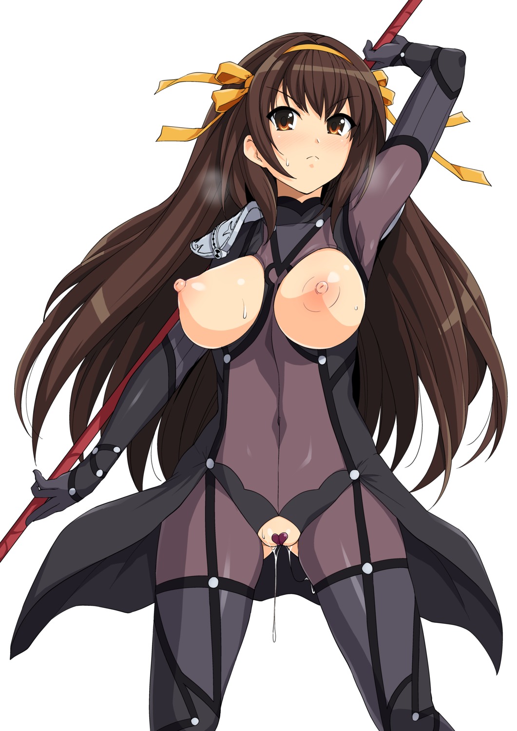 bodysuit breasts cosplay fate/grand_order haruhisky maebari nipples no_bra nopan pussy_juice scathach_(fate/grand_order) suzumiya_haruhi suzumiya_haruhi_no_yuuutsu weapon