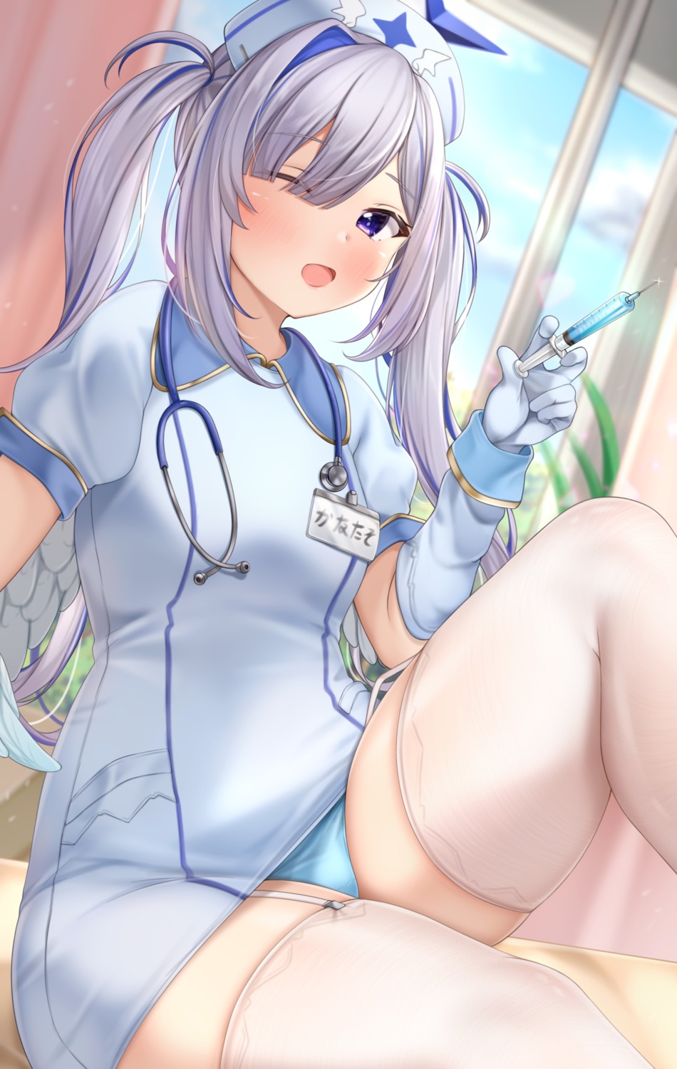 amane_kanata angel hololive lomocya nurse pantsu skirt_lift stockings thighhighs wings