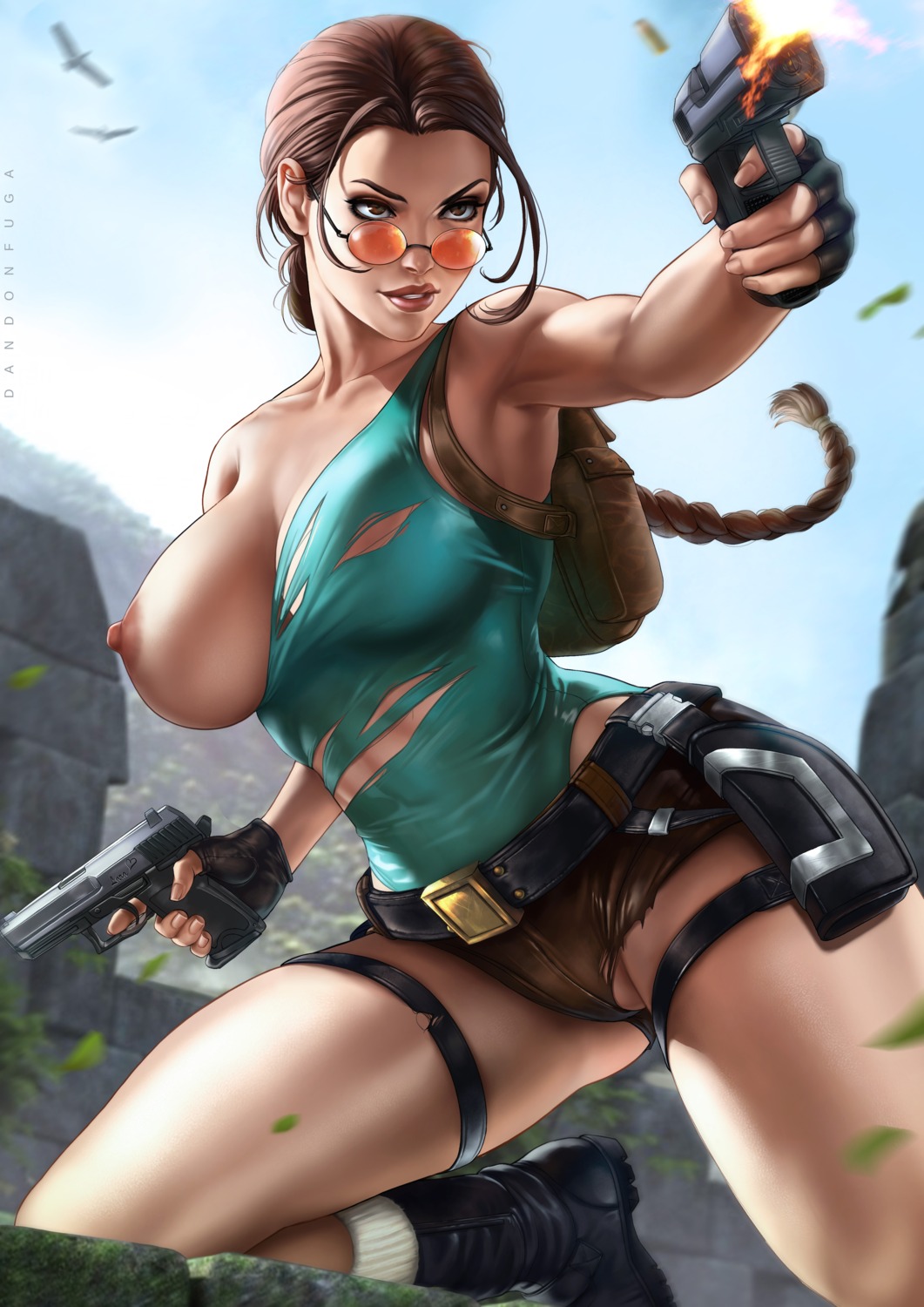 dandon fuga tomb raider lara croft breasts garter gun megane nipples open  shirt torn clothes | #971390 | yande.re