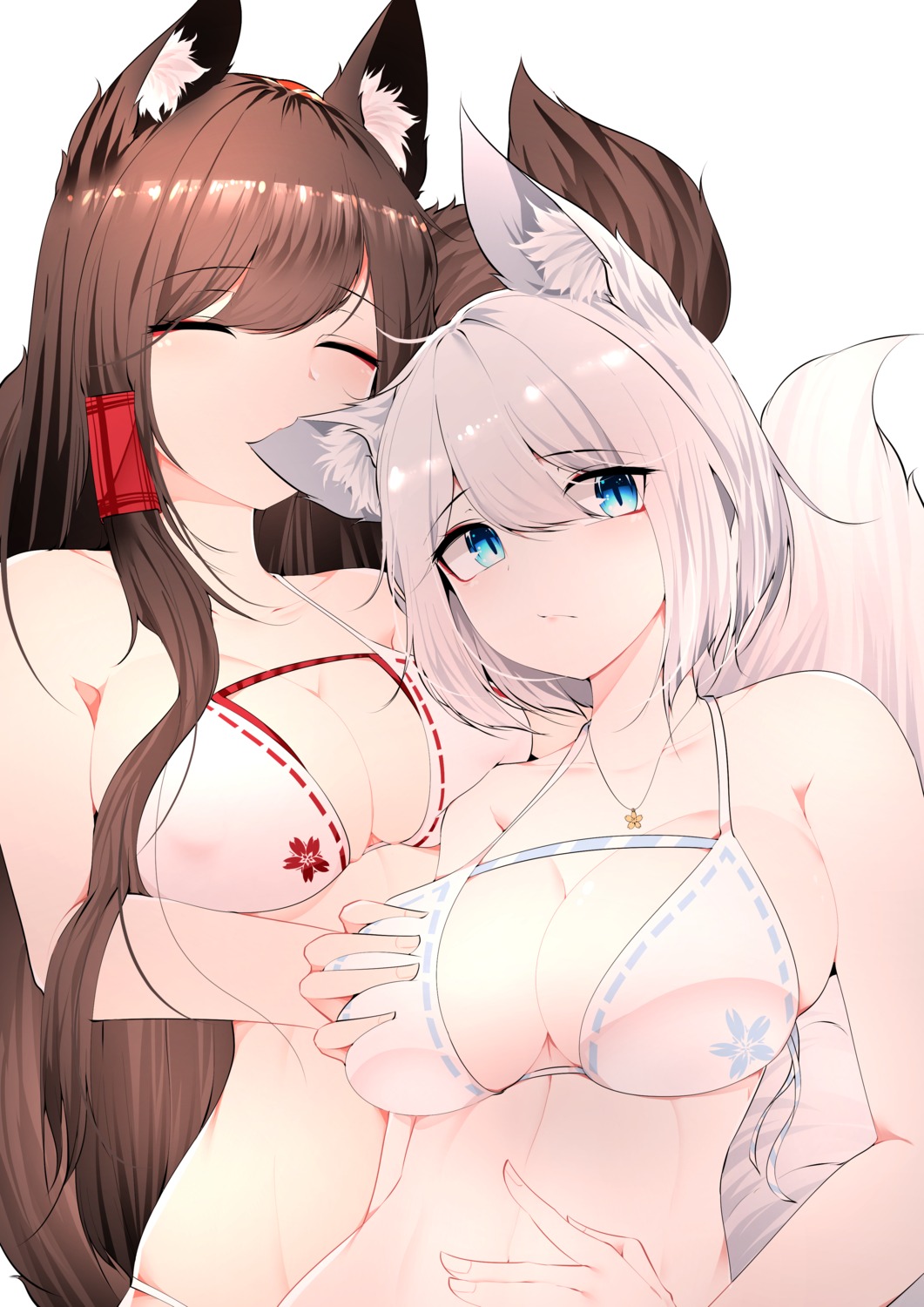 akagi_(azur_lane) animal_ears azur_lane bikini breast_grab erect_nipples kaga_(azur_lane) kitsune samip swimsuits tail yuri