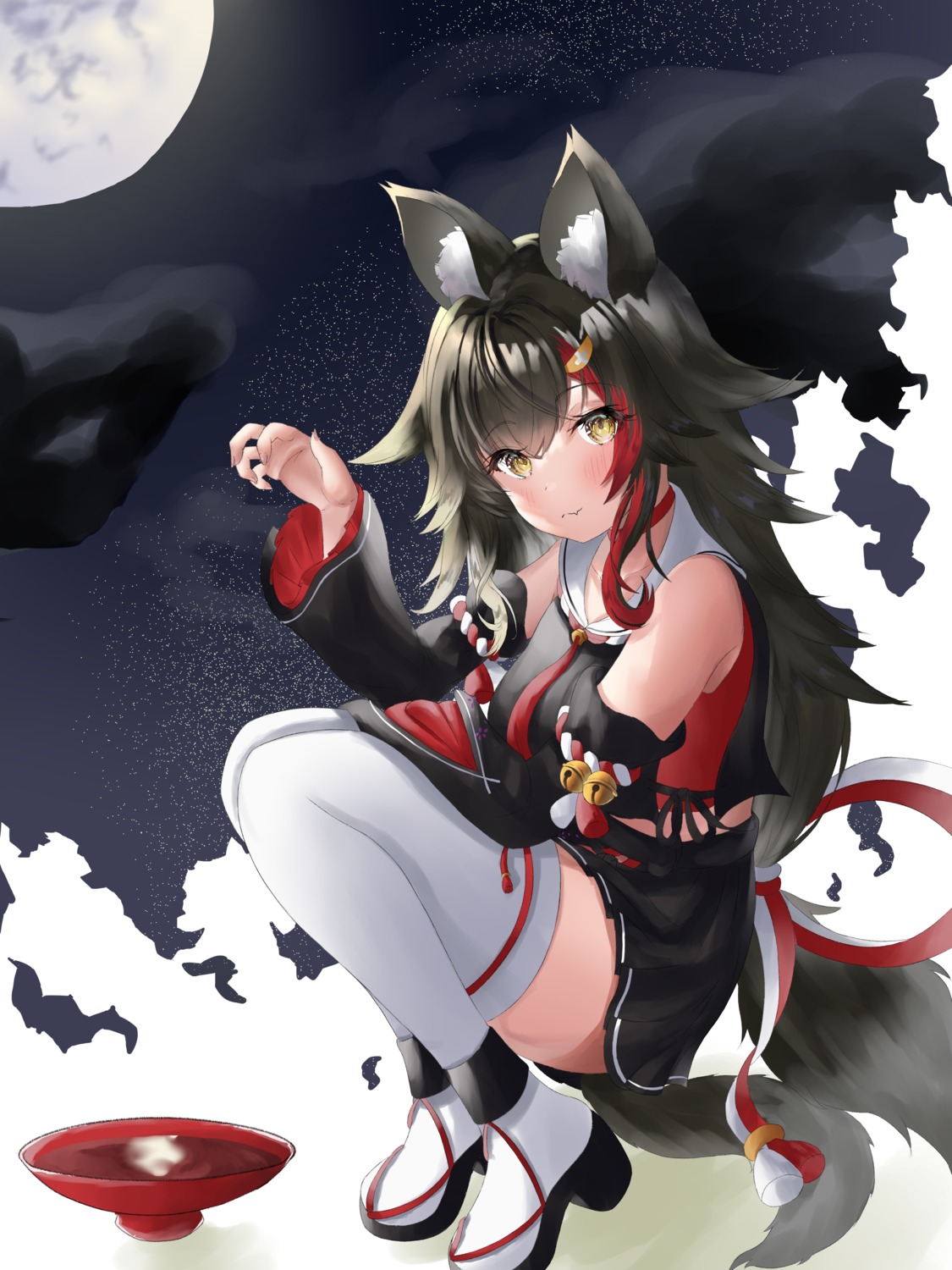 animal_ears heels hololive hololive_gamers japanese_clothes nekoya_minamo ookami_mio skirt_lift tail thighhighs