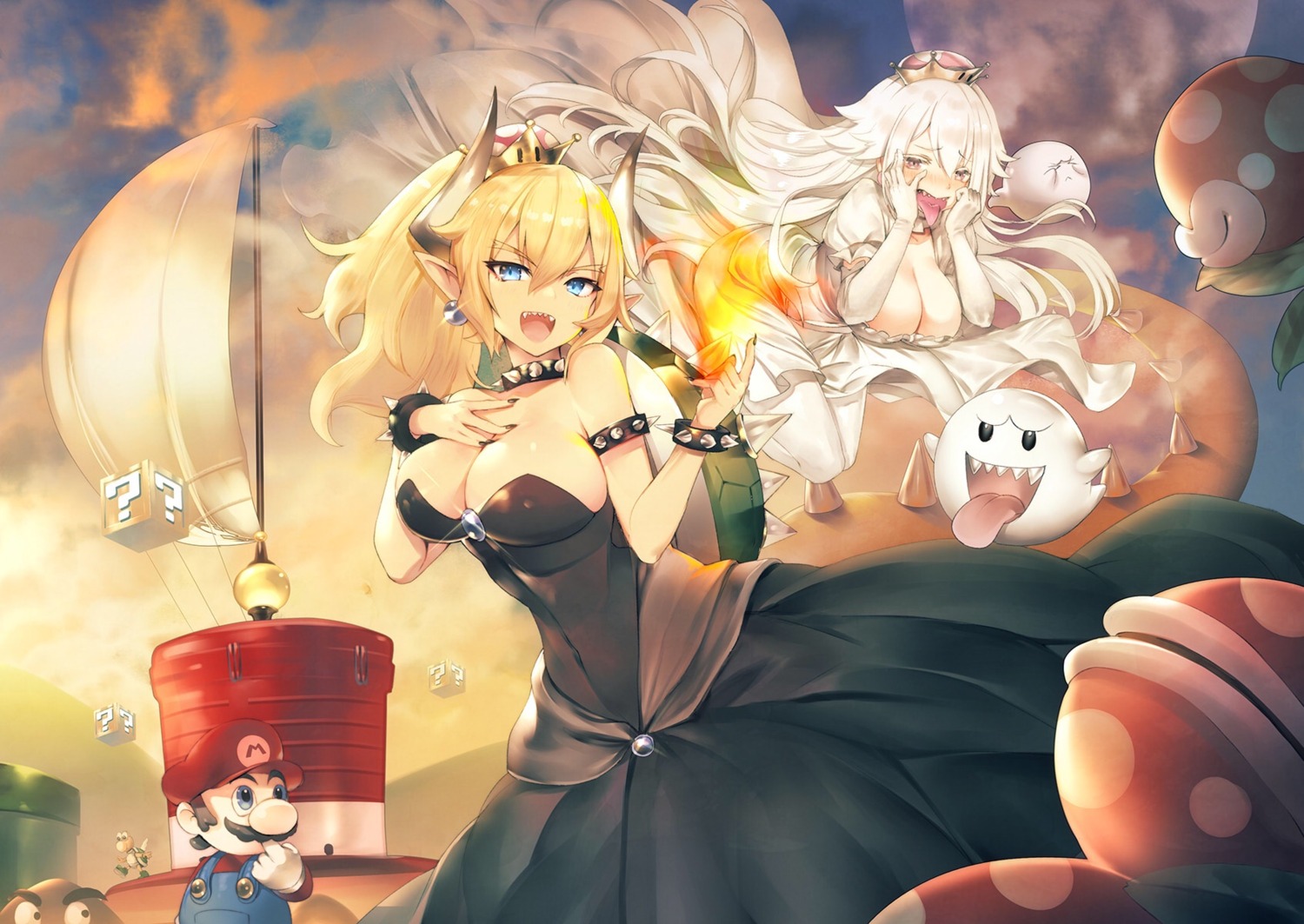 bowsette cleavage dress horns new_super_mario_bros._u_deluxe pointy_ears princess_king_boo teddy_(khanshin)