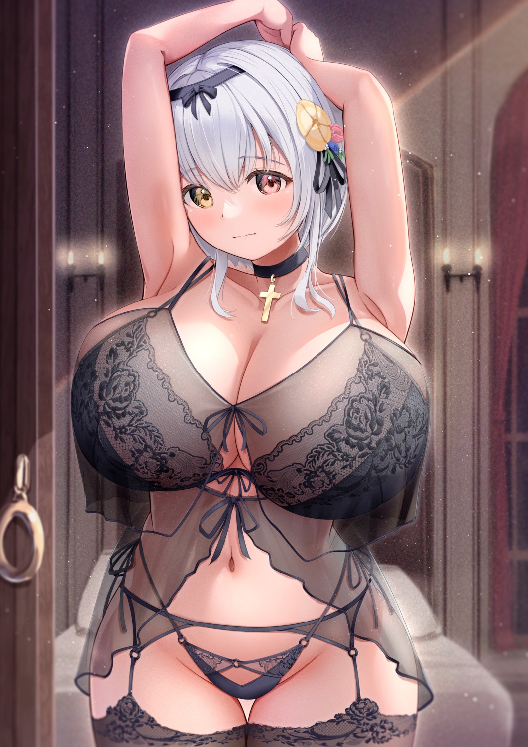 alicia_renato_(yashiro_sousaku) bra fujinomiya_reicho garter_belt heterochromia lingerie pantsu see_through stockings string_panties thighhighs