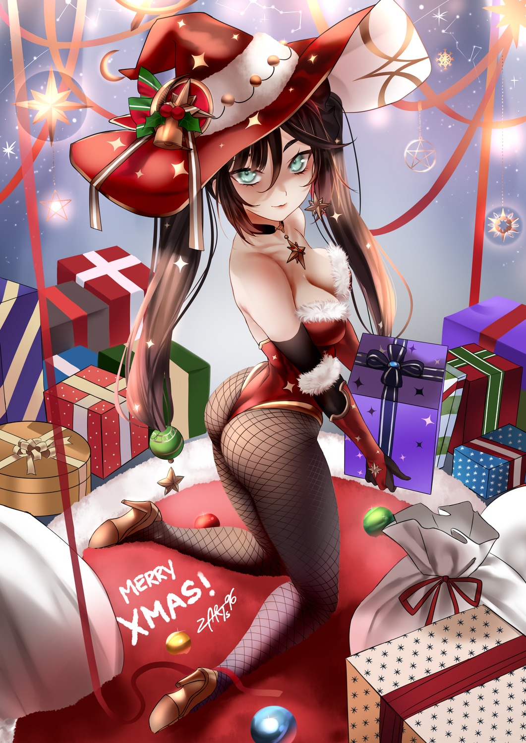 ass christmas fishnets genshin_impact heels leotard mona_megistus no_bra thong witch zasshu