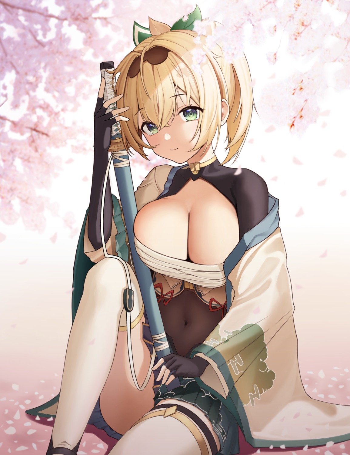 $hu hololive japanese_clothes kazama_iroha sarashi skirt_lift sword thighhighs