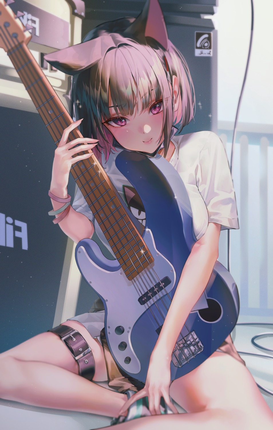 animal_ears blue_archive dance_arm garter guitar kyouyama_kazusa nekomimi