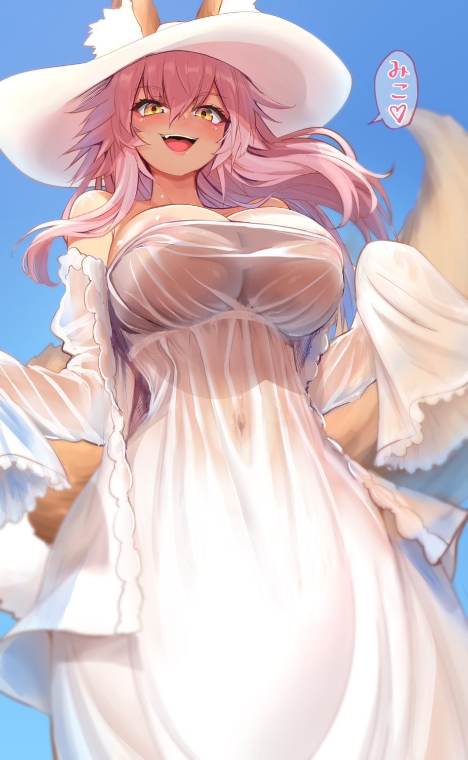 animal_ears areola dress fate/extra fate/stay_night kitsune no_bra see_through tail tamamo_no_mae wisespeak