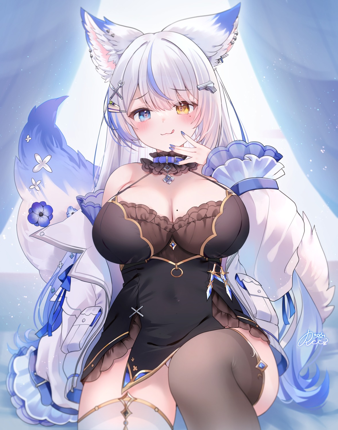 animal_ears heterochromia indie_virtual_youtuber lulebel no_bra pantsu rukako see_through skirt_lift tail thighhighs