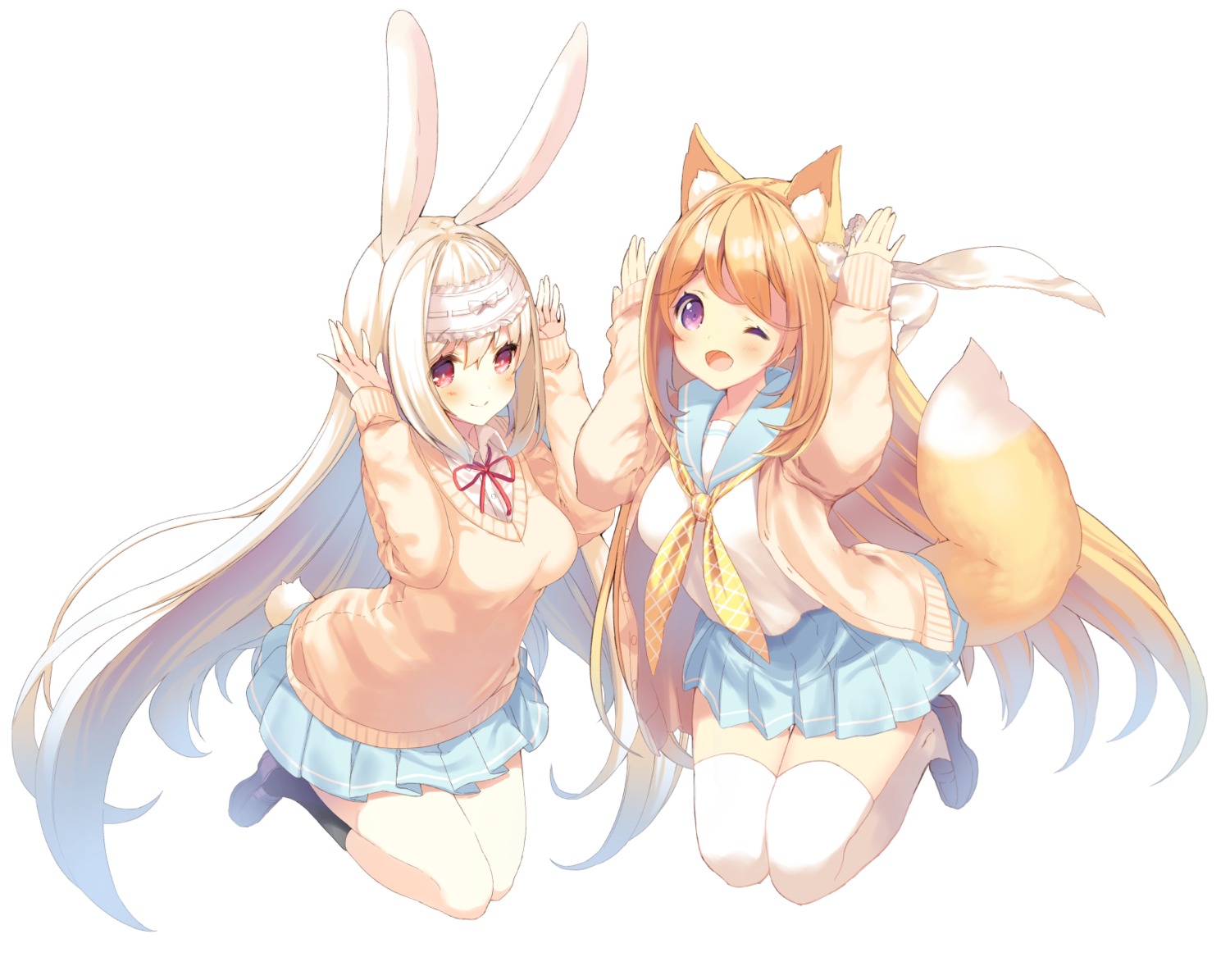 animal_ears bunny_ears cynthia_riddle kitsune p19 seifuku sweater sylvie_milia_leclerc tail thighhighs