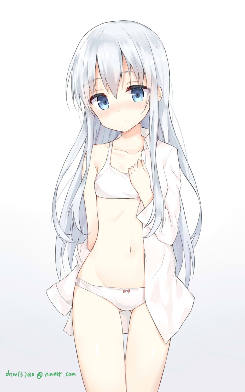 dress_shirt hibiki_(kancolle) huwari_(dnwls3010) kantai_collection lingerie open_shirt pantsu