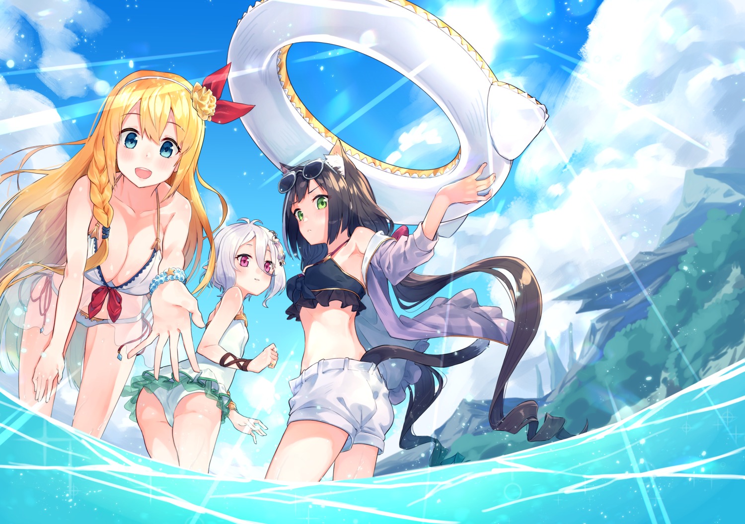 animal_ears ass bikini cleavage karyl_(princess_connect) kokkoro megane open_shirt pecorine princess_connect princess_connect!_re:dive sho_bu_1116 swimsuits tail wet