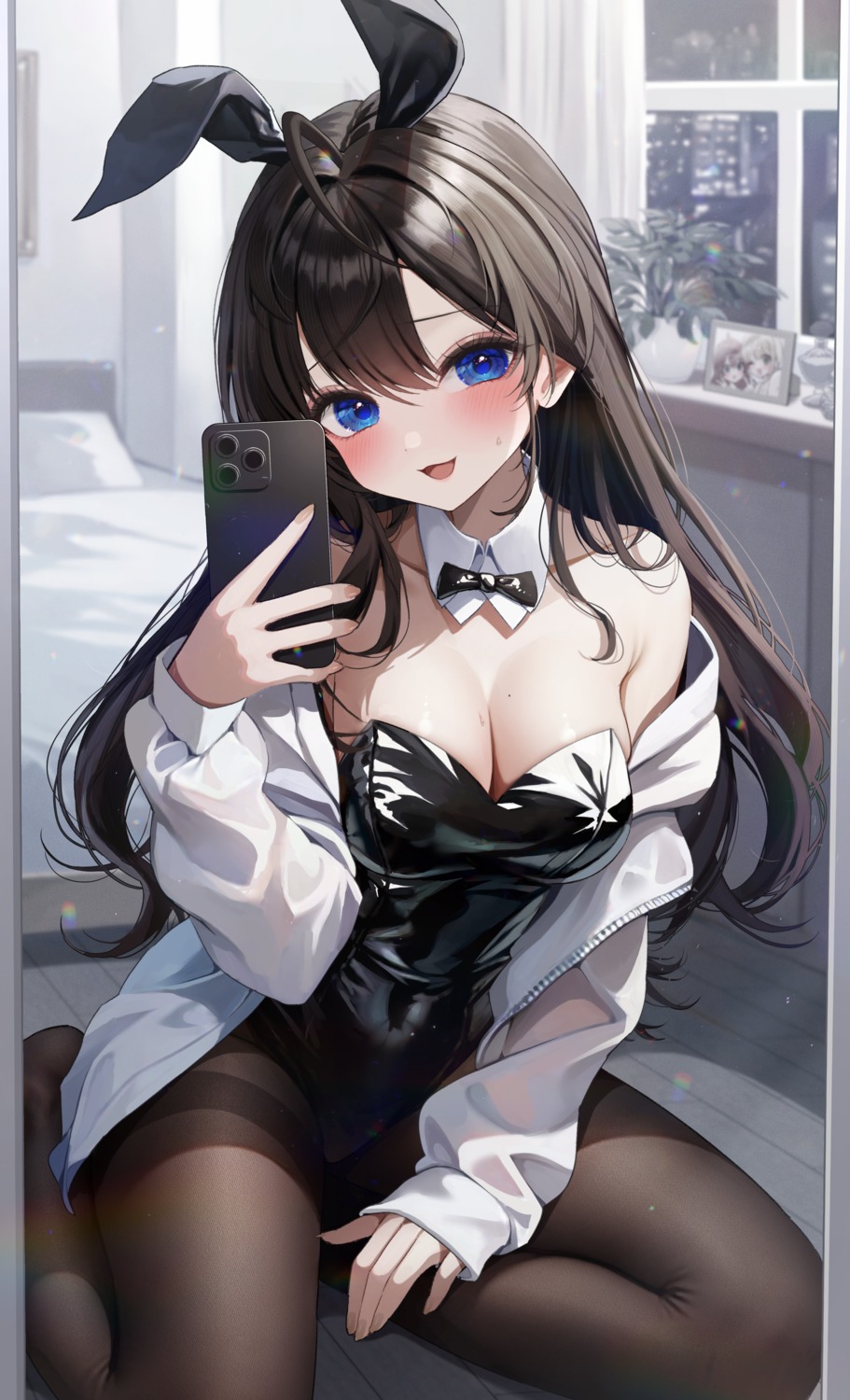 animal_ears bunny_ears bunny_girl ichinose_shiki kudou_eru no_bra pantyhose see_through selfie the_idolm@ster the_idolm@ster_cinderella_girls