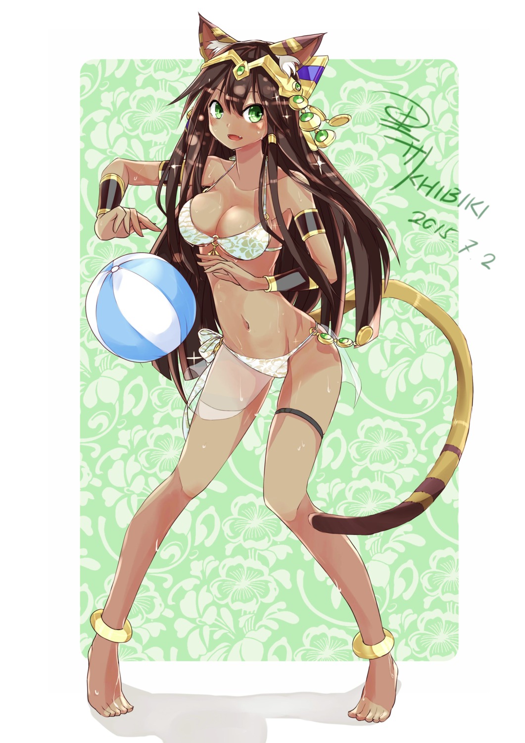 animal_ears autographed bastet_(puzzle_&_dragons) bikini cleavage feet khibiki_(brequiem) puzzle_&_dragons see_through swimsuits tail