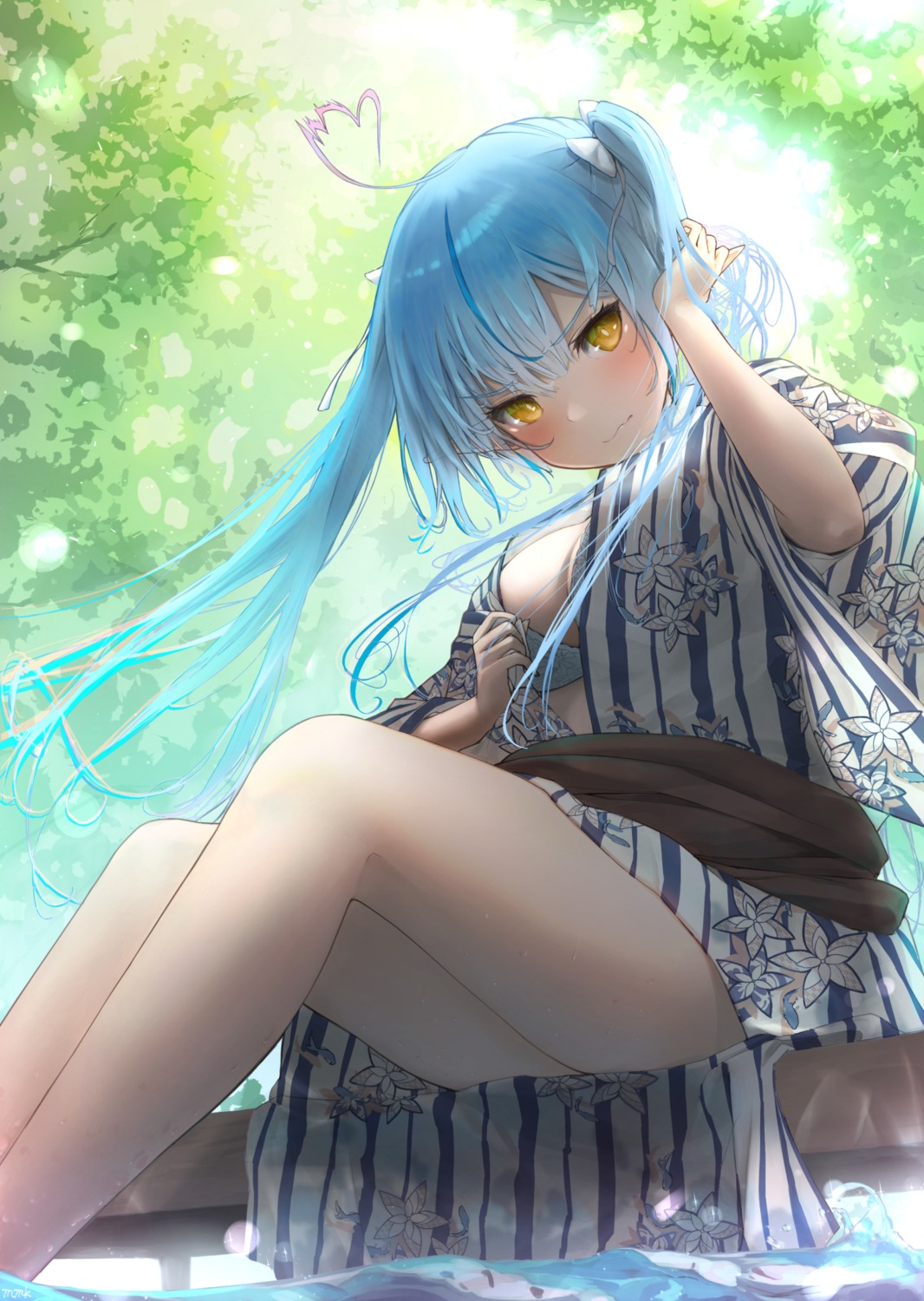 bra elf hololive mmk open_shirt pointy_ears skirt_lift undressing wet yukata yukihana_lamy