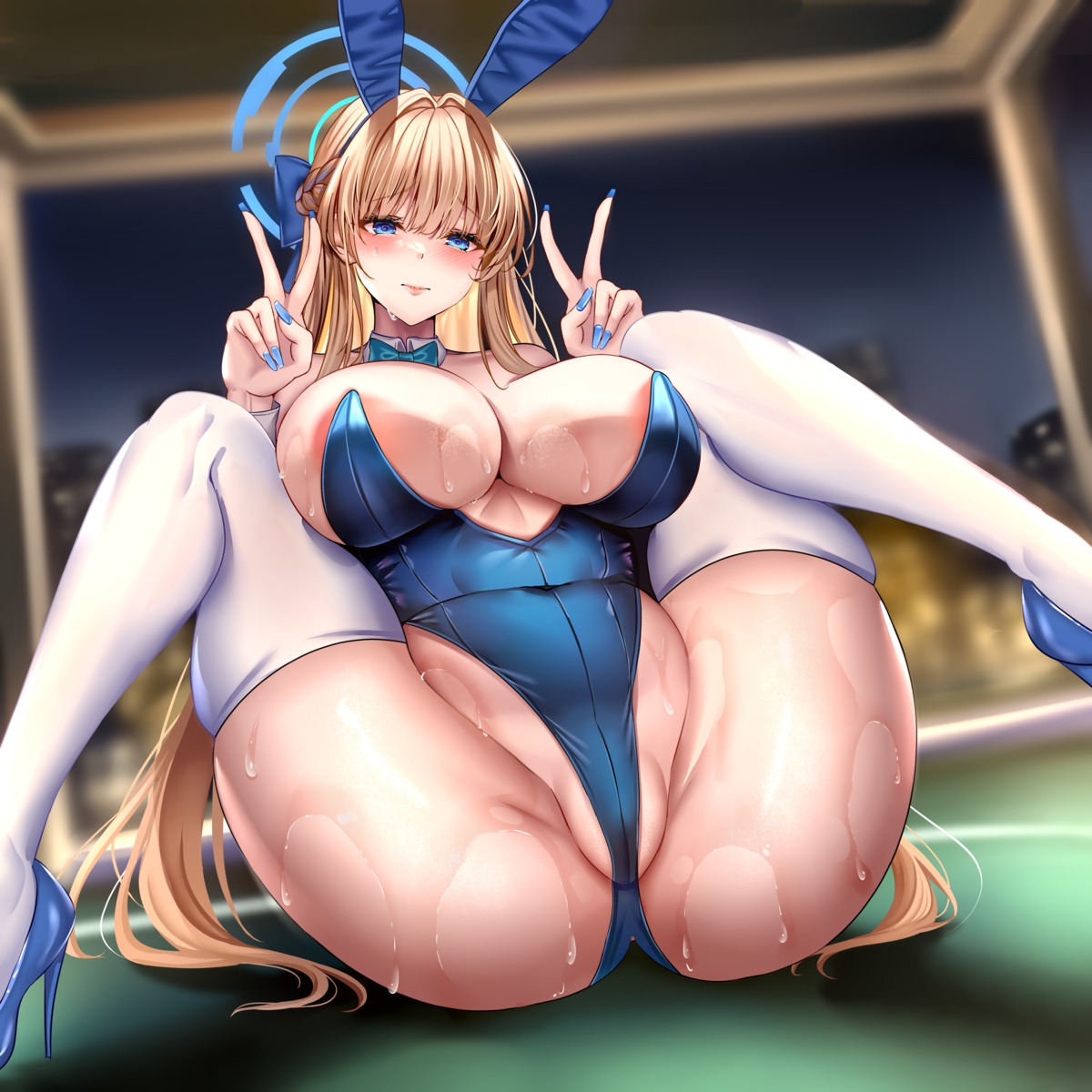 animal_ears asuma_toki blue_archive bunny_ears bunny_girl halo heels kuro_(tbm9187) no_bra thighhighs wet