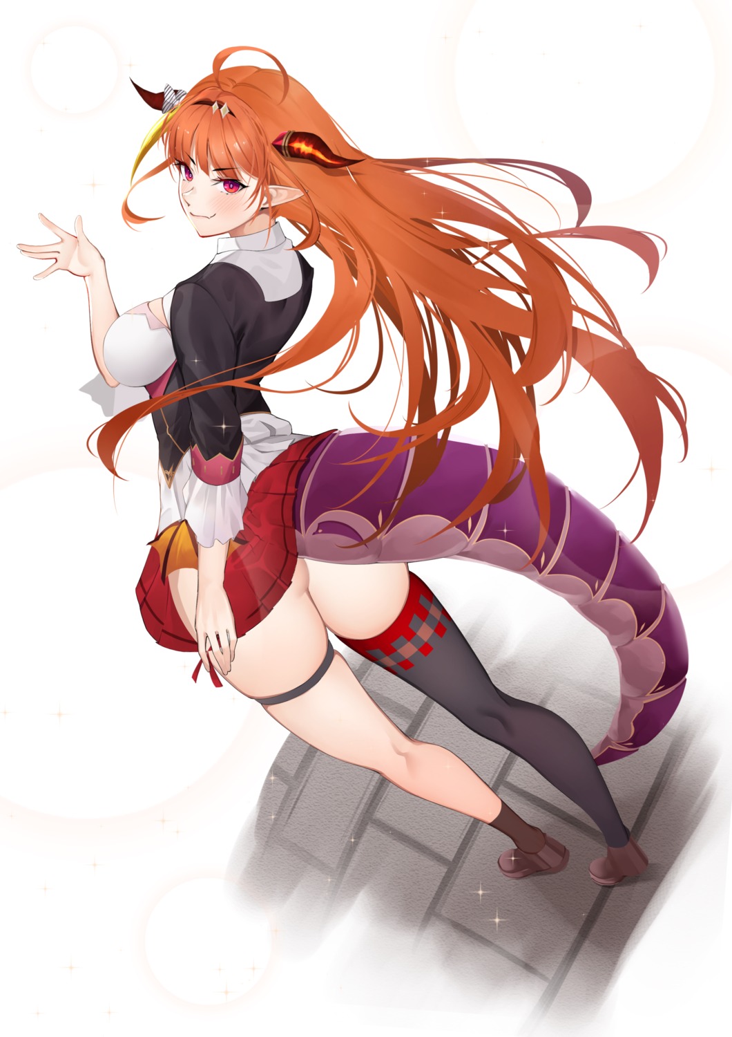 ass garter hololive horns kiryuu_coco nopan pointy_ears skirt_lift tail thighhighs yuya_(pixiv37335712)