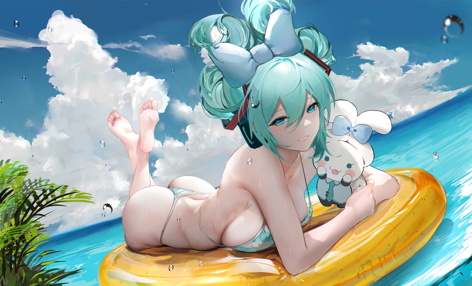 bikini cinnamiku cinnamoroll crossover feet hatsune_miku headphones omone_hokoma_agm sanrio swimsuits thong vocaloid