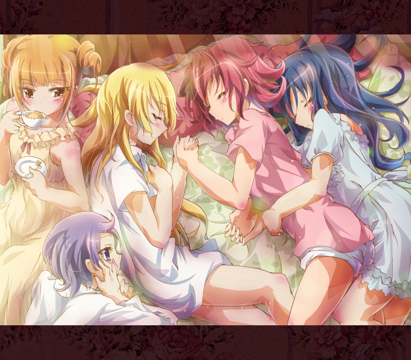 aida_mana dokidoki!_precure hishikawa_rikka inoshishi kenzaki_makoto pajama pretty_cure regina_(dokidoki!_precure) yotsuba_alice yuri