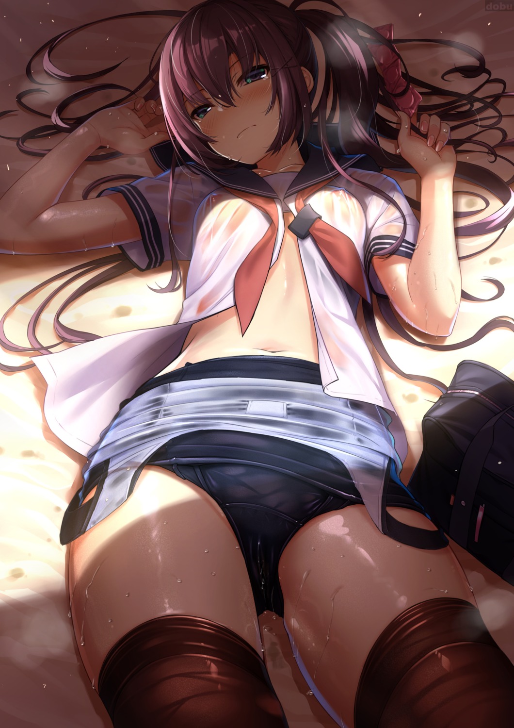 cameltoe dobunezumi nipples open_shirt school_swimsuit see_through seifuku swimsuits thighhighs wet wet_clothes