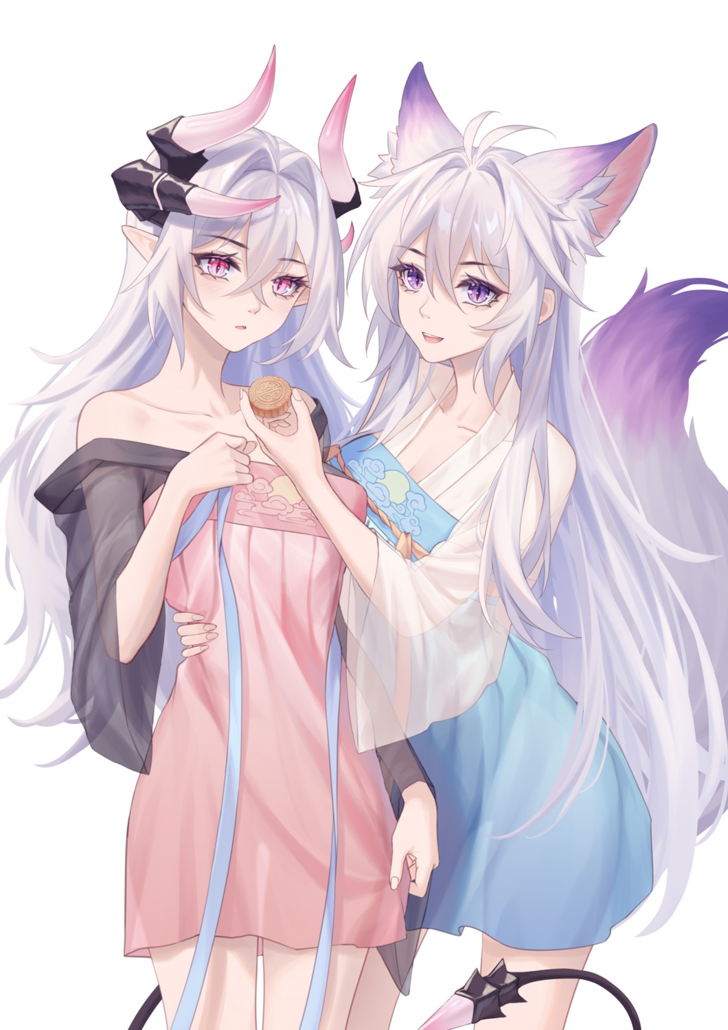 animal_ears asian_clothes cleavage horns kirby_d_a kitsune no_bra pointy_ears see_through tail