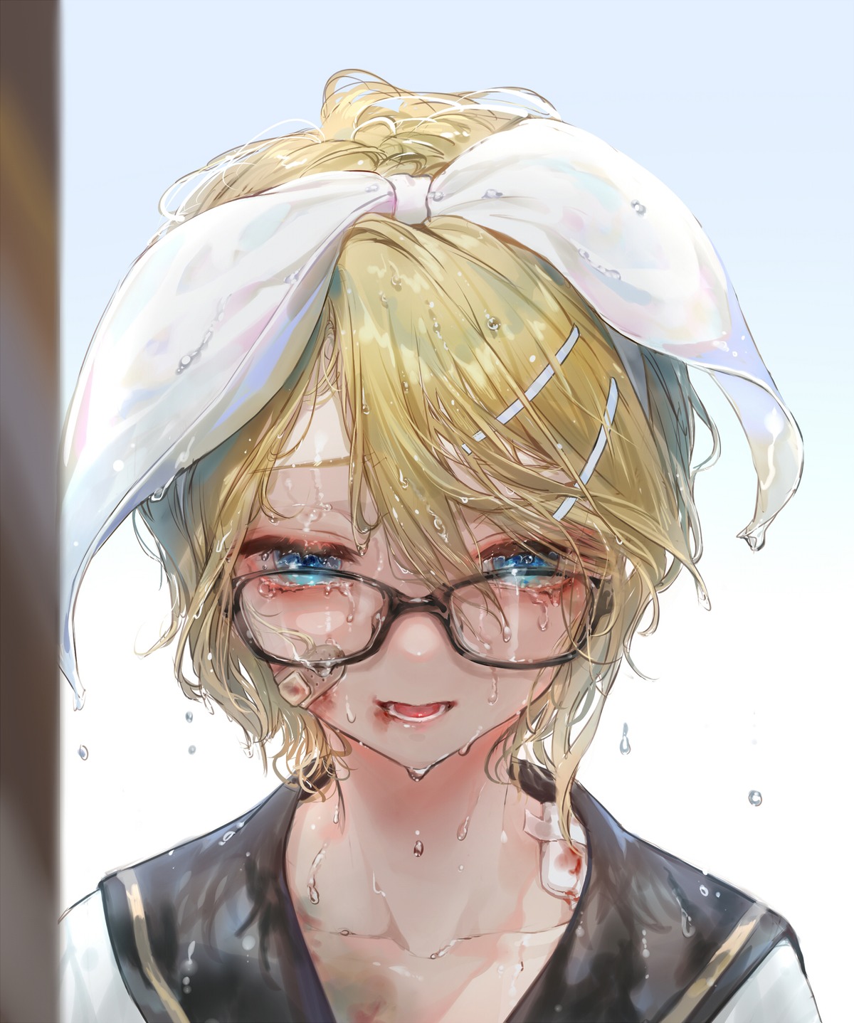 bandaid blood kagamine_rin megane oohhya seifuku vocaloid wet wet_clothes