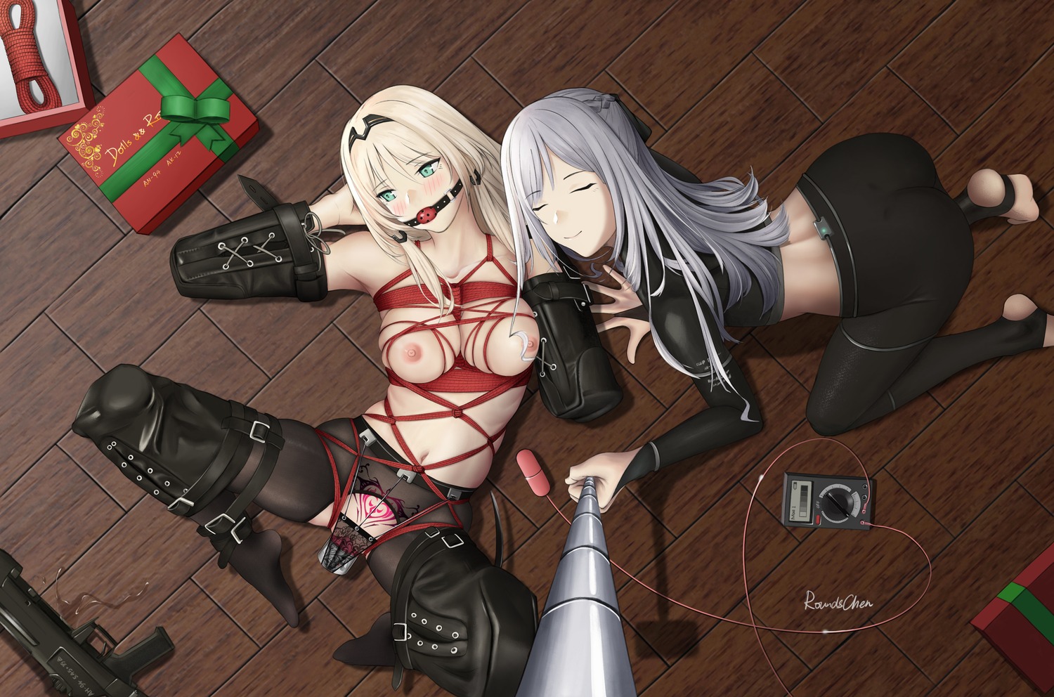 ak-12_(girls_frontline) an-94_(girls_frontline) ass bondage christmas girls_frontline gun nipples pantsu panty_pull pantyhose pussy roundschen see_through selfie tattoo topless uncensored vibrator