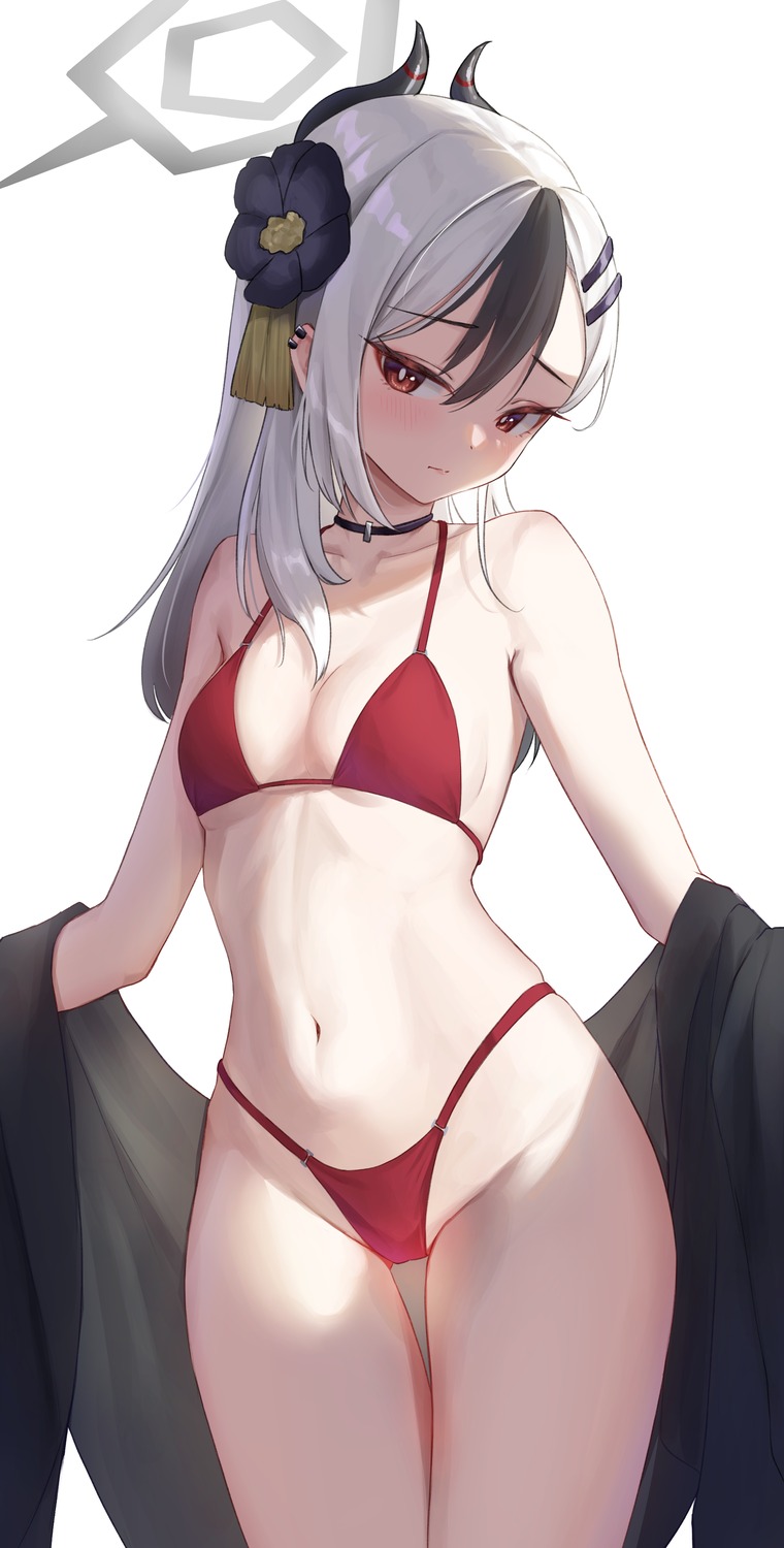 bikini blue_archive halo horns onikata_kayoko open_shirt rinrasetsu swimsuits thong