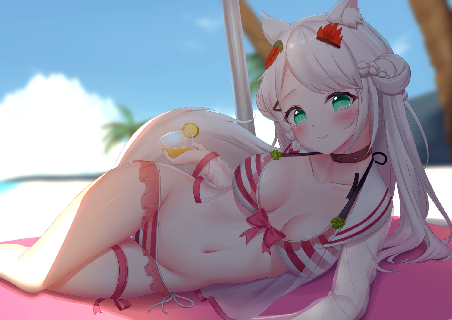 animal_ears artist_revision bikini cleavage garter open_shirt see_through swimsuits tail white_clover_(unfy8472)