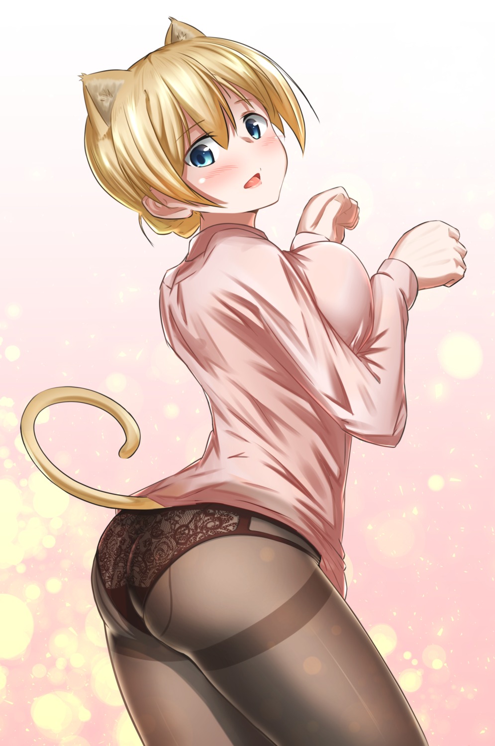 animal_ears ass breast_hold darjeeling girls_und_panzer lingerie nekomimi orange_(sal1014) pantsu pantyhose tail