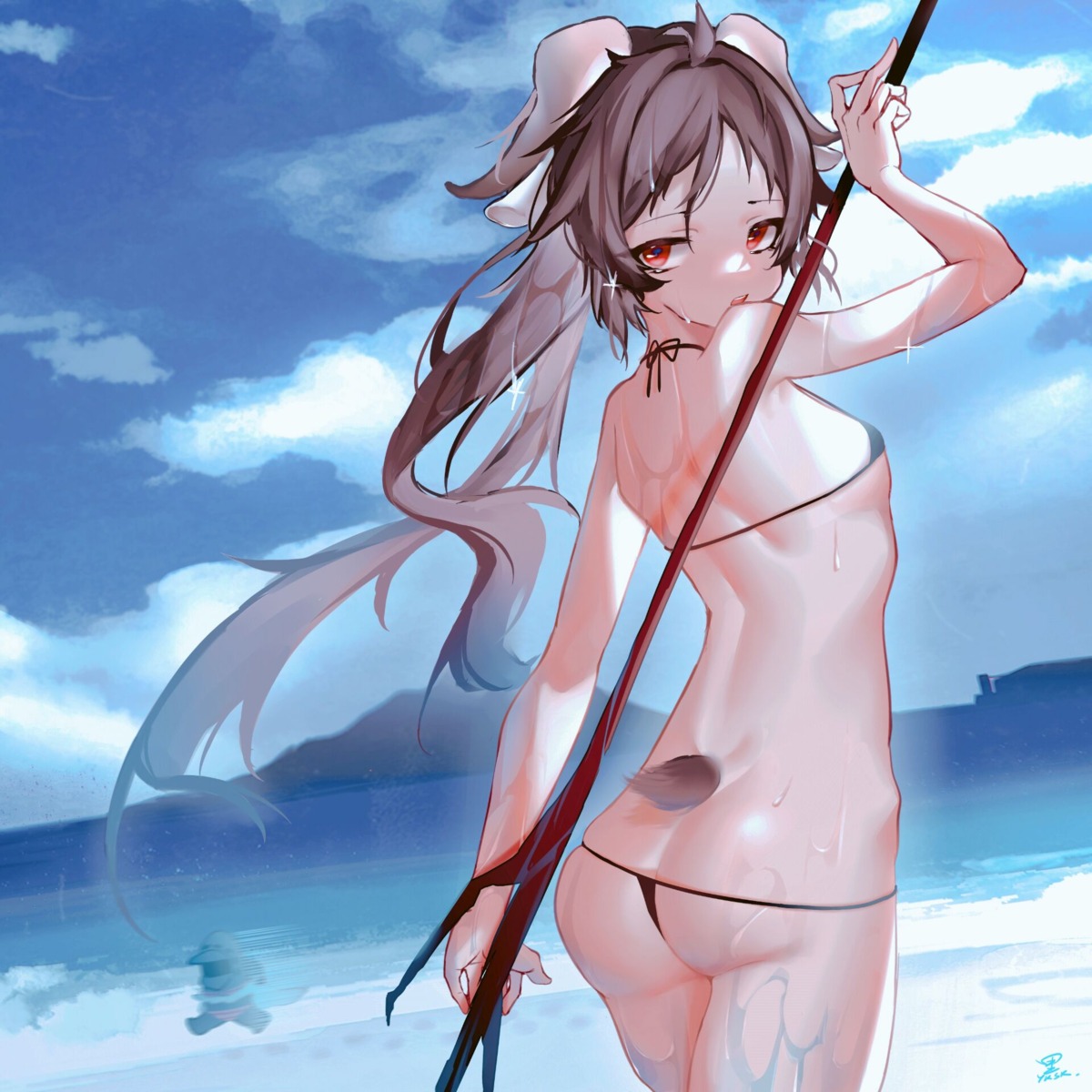 animal_ears arknights ass bikini eyjafjalla_(arknights) hei_yksk horns swimsuits tail thong