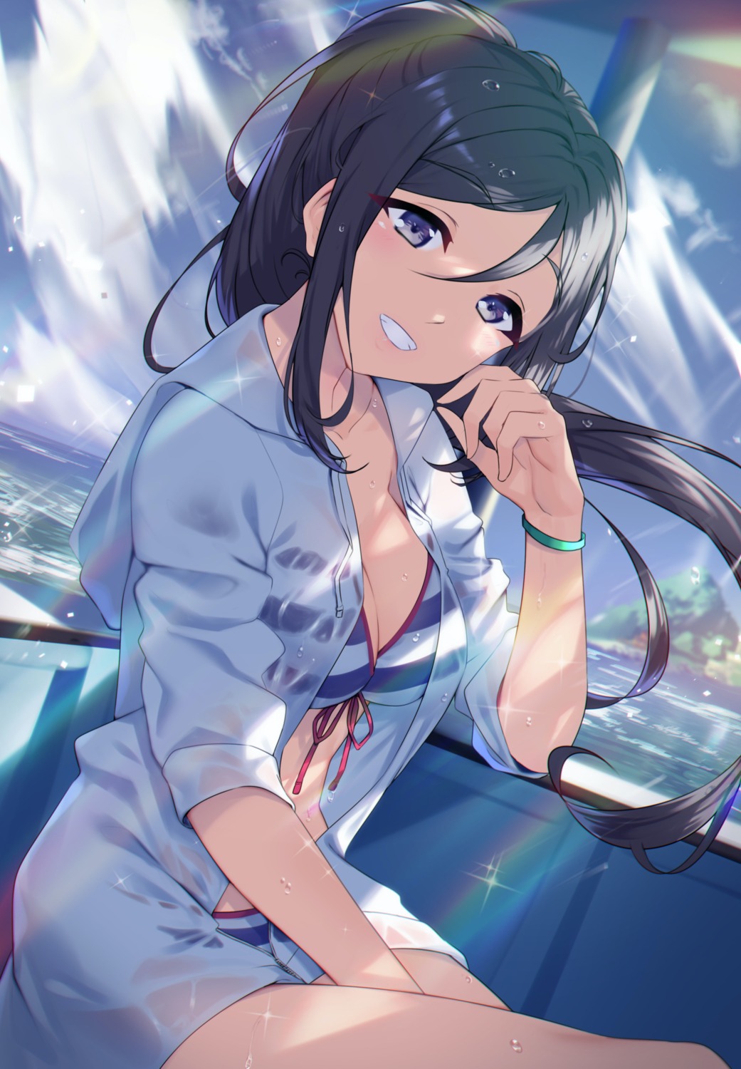 bikini cleavage dress_shirt love_live!_sunshine!! matsuura_kanan open_shirt see_through swimsuits wet wet_clothes yamaori_(yamaorimon)