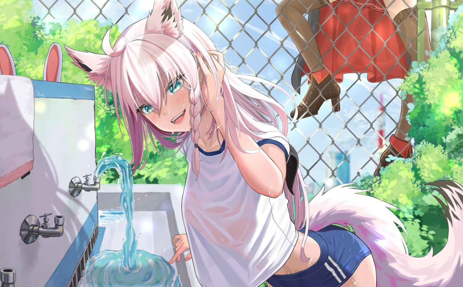 animal_ears bangom_r buruma gym_uniform heels hololive hololive_gamers houshou_marine kitsune see_through shirakami_fubuki tail thighhighs wet wet_clothes