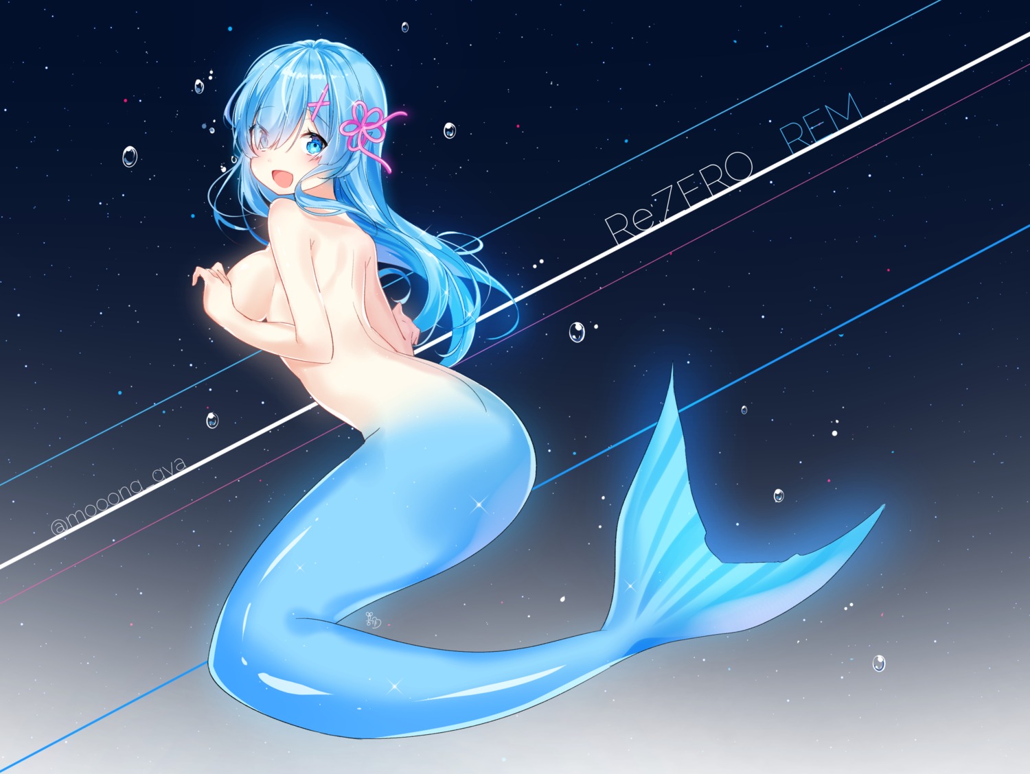 mermaid monster_girl moong_gya re_zero_kara_hajimeru_isekai_seikatsu rem_(re_zero) tail topless
