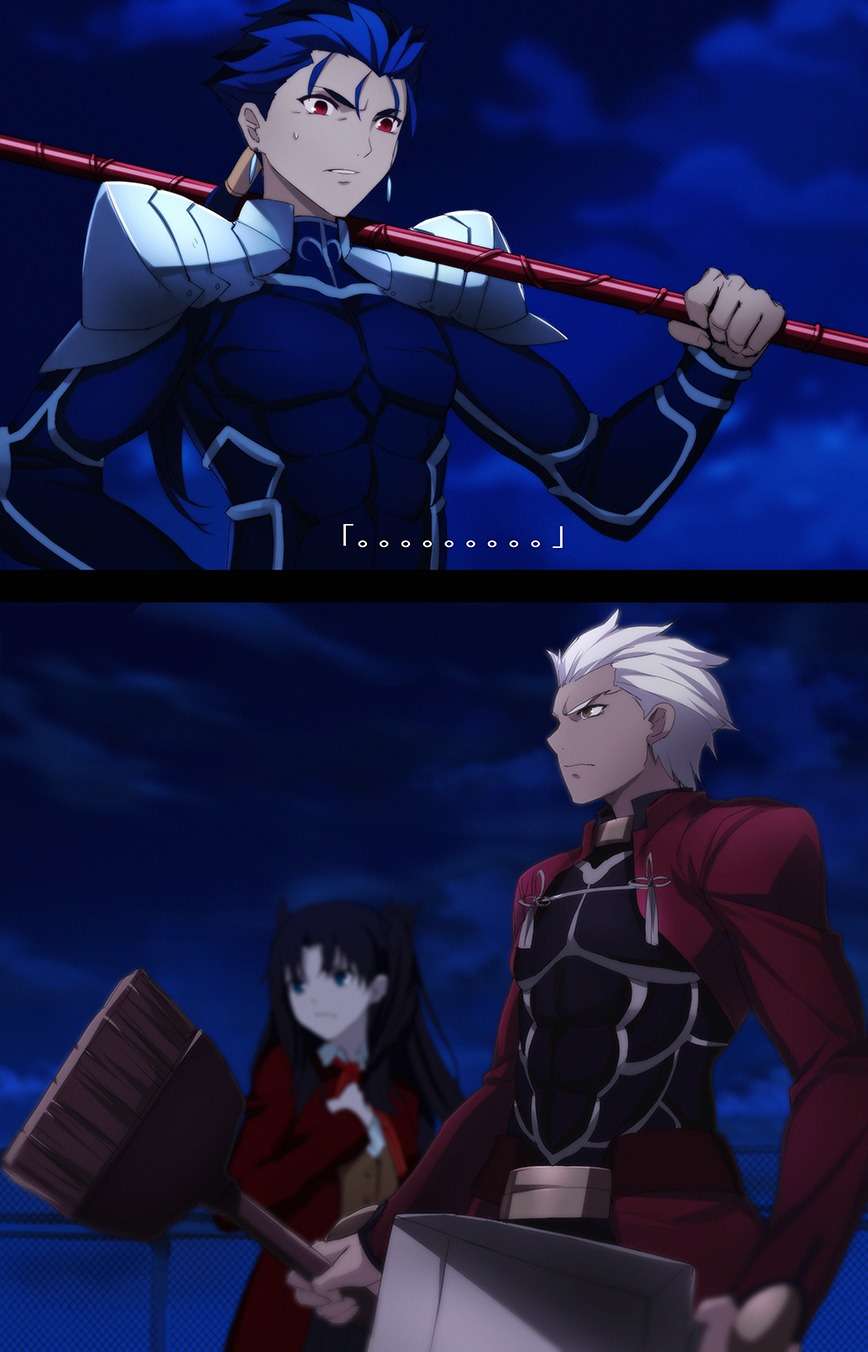 archer fate/stay_night fate/stay_night_unlimited_blade_works lancer steelleets toosaka_rin weapon